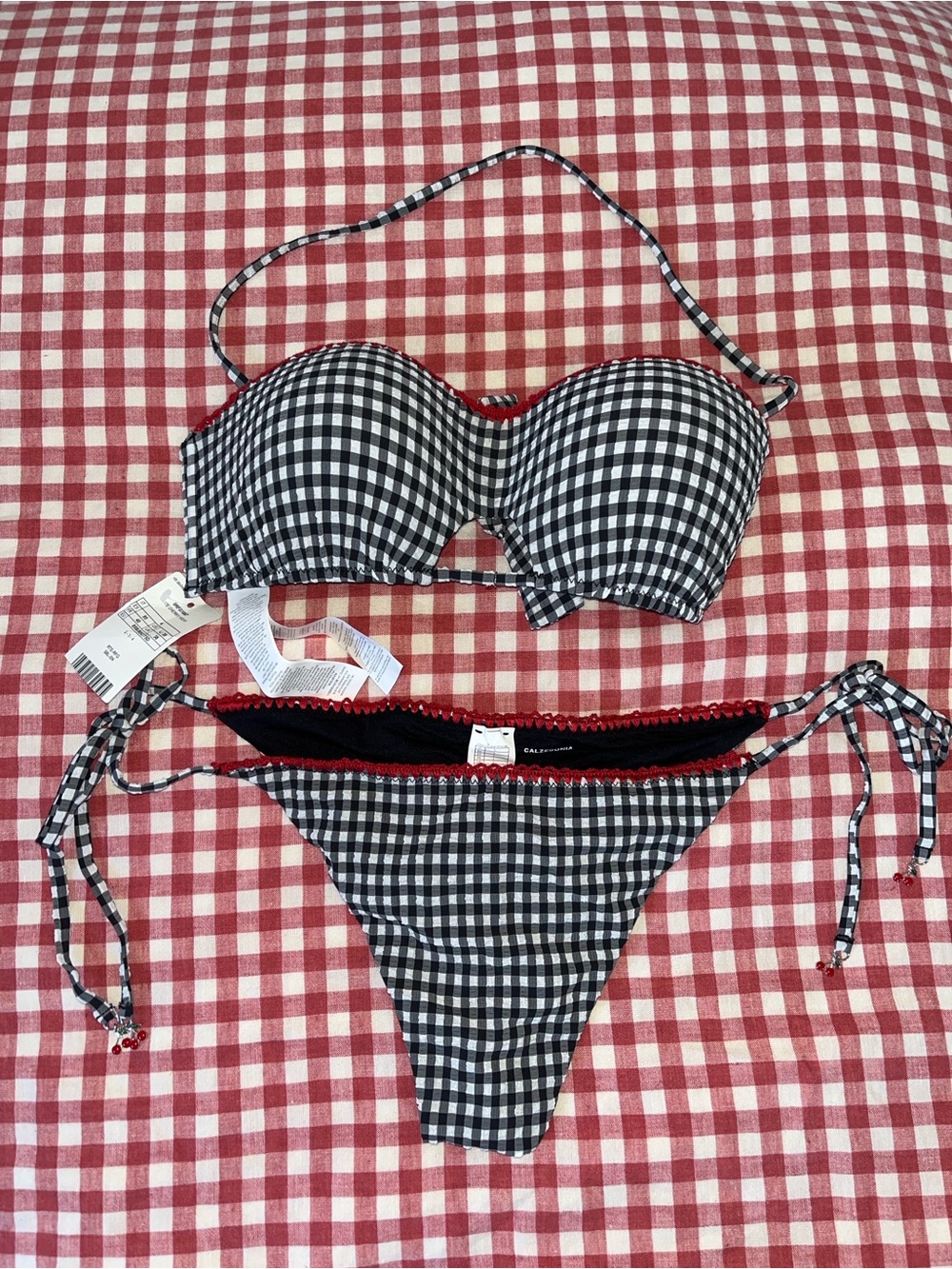 Calzedonia Cherry Vichy Gingham Strapless Bandeau Bikini Set - Black & White Red